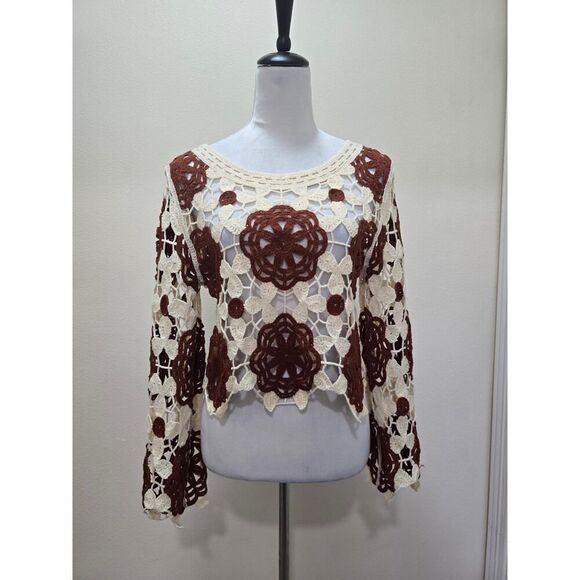 Boho Crochet Lace Knit Top Women's Size L Vintage-Inspired Festival 70's - Picture 1 of 9